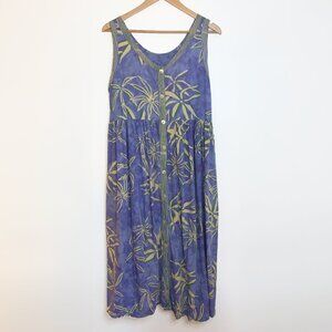 Vintage World Apart Beachy Tropical Hippie Palm Stripes Blue Yellow Maxi Dress M